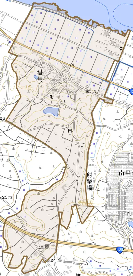 大字掛馬とその周辺の地図。町の範囲を重ねている