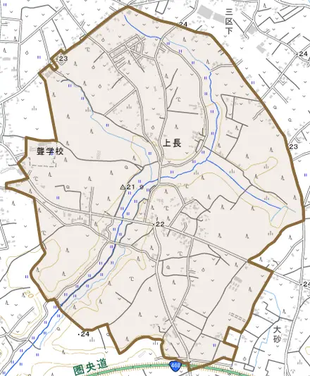 大字上長とその周辺の地図。町の範囲を重ねている