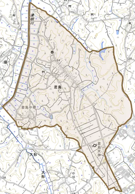 大字君島とその周辺の地図。町の範囲を重ねている