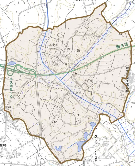 大字小池とその周辺の地図。町の範囲を重ねている