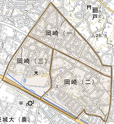 岡崎とその周辺の地図。町の範囲を重ねている