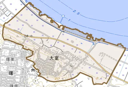 大字大室とその周辺の地図。町の範囲を重ねている