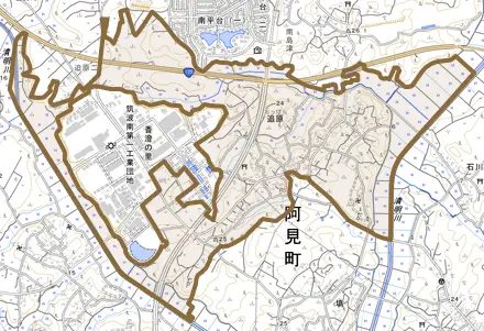 大字追原とその周辺の地図。町の範囲を重ねている