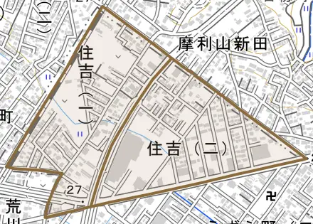 住吉とその周辺の地図。町の範囲を重ねている