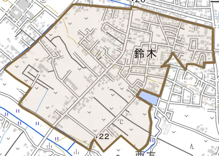 大字鈴木とその周辺の地図。町の範囲を重ねている