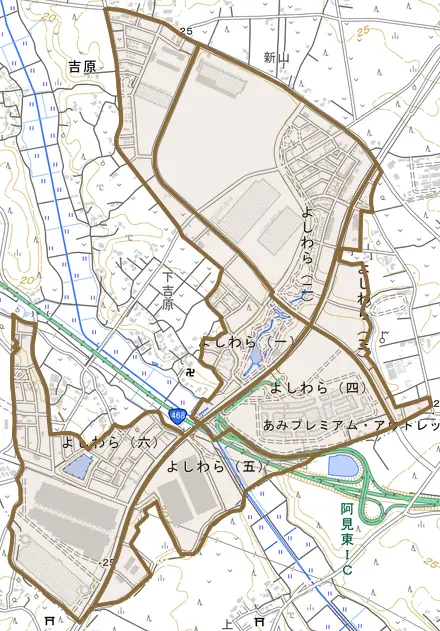 よしわらとその周辺の地図。町の範囲を重ねている