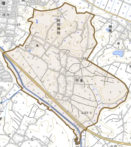 大字竹来とその周辺の地図。町の範囲を重ねている