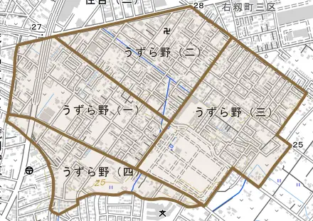 うずら野とその周辺の地図。町の範囲を重ねている
