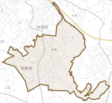大字若栗とその周辺の地図。町の範囲を重ねている