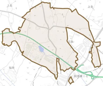 大字吉原とその周辺の地図。町の範囲を重ねている