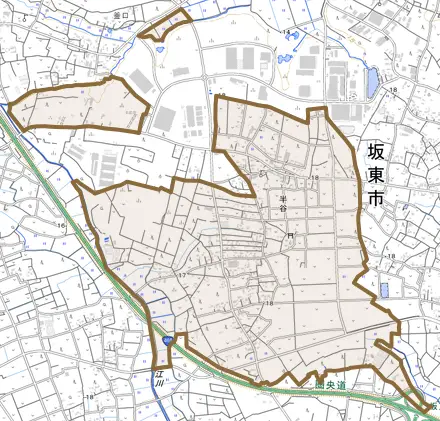 半谷とその周辺の地図。町の範囲を重ねている