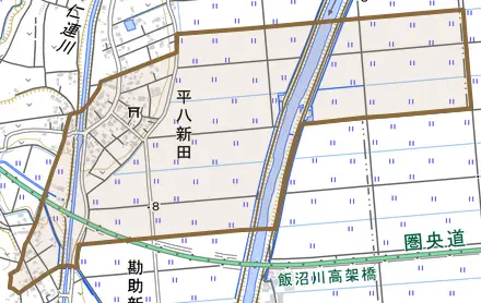 平八新田とその周辺の地図。町の範囲を重ねている