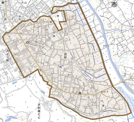 辺田とその周辺の地図。町の範囲を重ねている
