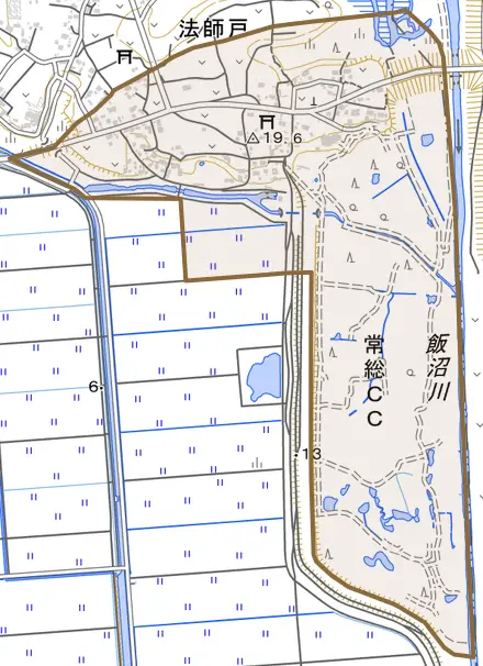 法師戸とその周辺の地図。町の範囲を重ねている