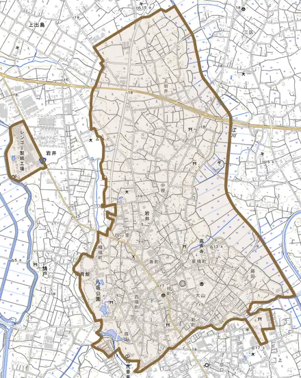 岩井とその周辺の地図。町の範囲を重ねている
