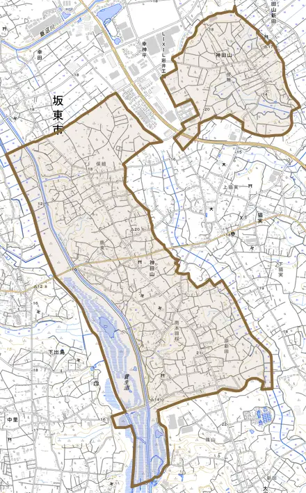 神田山とその周辺の地図。町の範囲を重ねている