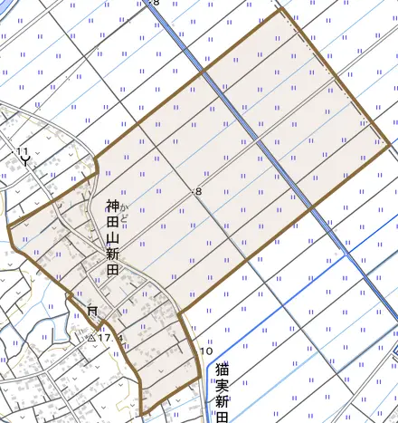 神田山新田とその周辺の地図。町の範囲を重ねている