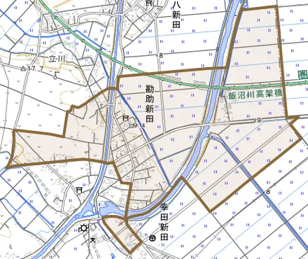 勘助新田とその周辺の地図。町の範囲を重ねている