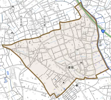 借宿とその周辺の地図。町の範囲を重ねている