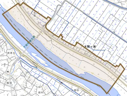木間ケ瀬とその周辺の地図。町の範囲を重ねている