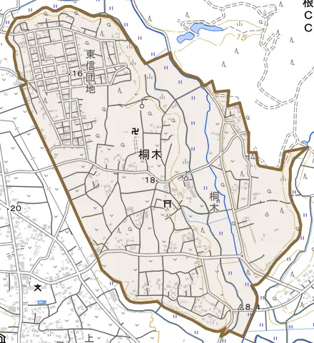 桐木とその周辺の地図。町の範囲を重ねている