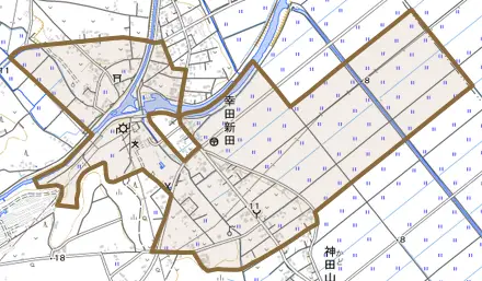 幸田新田とその周辺の地図。町の範囲を重ねている
