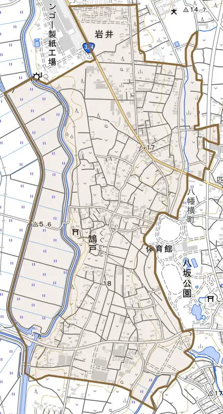鵠戸とその周辺の地図。町の範囲を重ねている