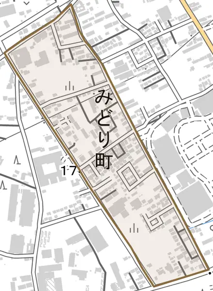 みどり町とその周辺の地図。町の範囲を重ねている