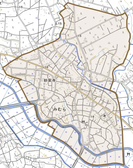 みむらとその周辺の地図。町の範囲を重ねている