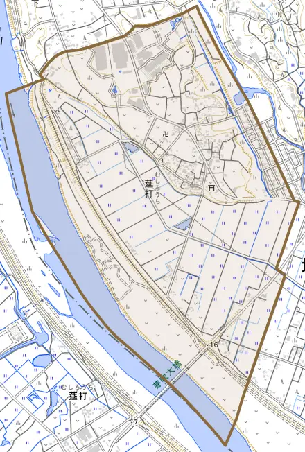 莚打とその周辺の地図。町の範囲を重ねている