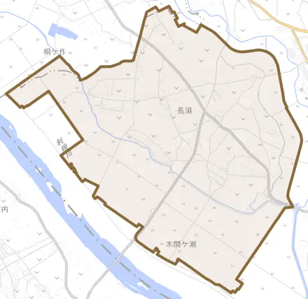 長須とその周辺の地図。町の範囲を重ねている