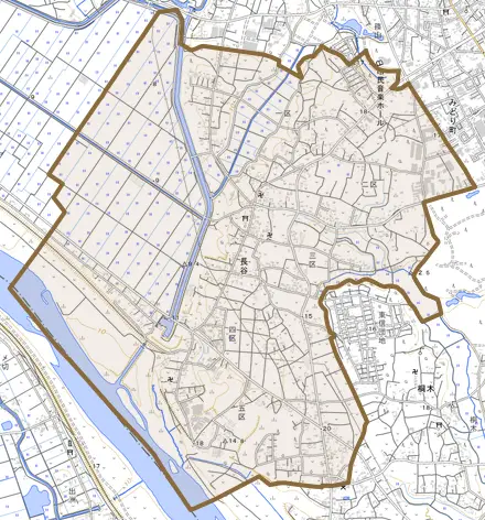 長谷とその周辺の地図。町の範囲を重ねている