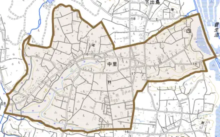 中里とその周辺の地図。町の範囲を重ねている