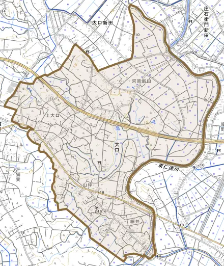 大口とその周辺の地図。町の範囲を重ねている