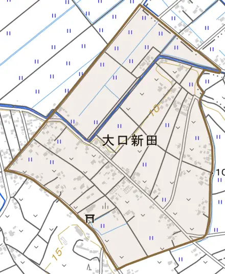 大口新田とその周辺の地図。町の範囲を重ねている