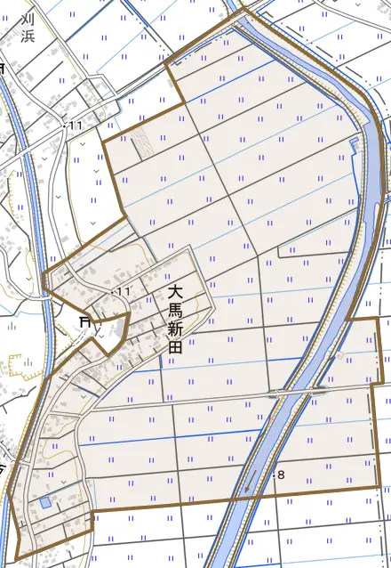 大馬新田とその周辺の地図。町の範囲を重ねている