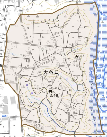 大谷口とその周辺の地図。町の範囲を重ねている
