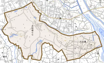 下出島とその周辺の地図。町の範囲を重ねている
