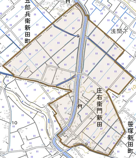 庄右衛門新田とその周辺の地図。町の範囲を重ねている