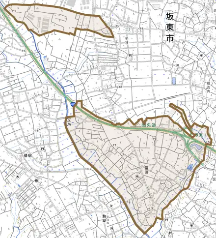 冨田とその周辺の地図。町の範囲を重ねている