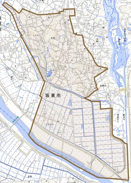 矢作とその周辺の地図。町の範囲を重ねている