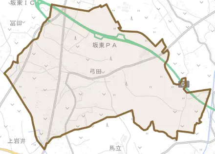 弓田とその周辺の地図。町の範囲を重ねている