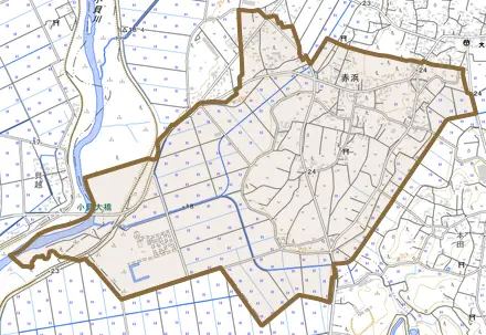 赤浜とその周辺の地図。町の範囲を重ねている