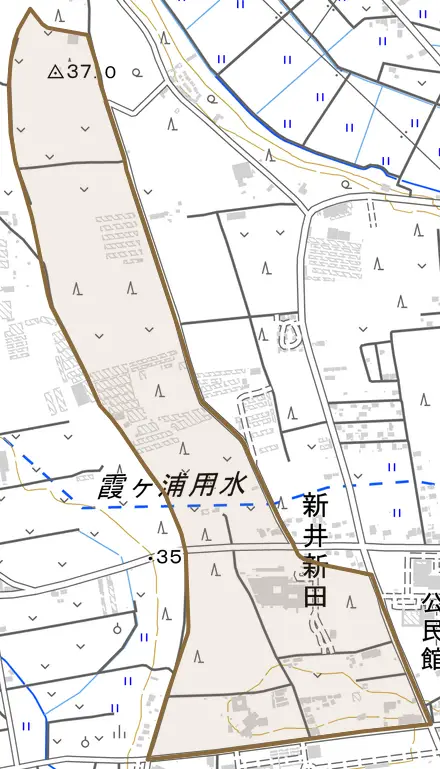 新井新田とその周辺の地図。町の範囲を重ねている