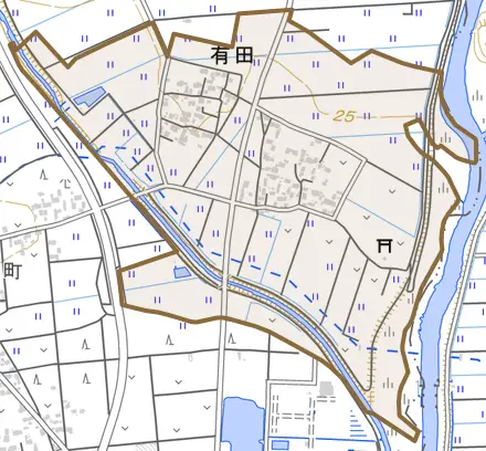 有田とその周辺の地図。町の範囲を重ねている