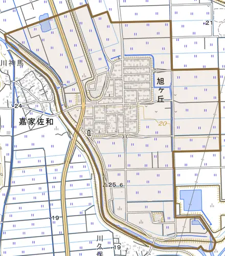 旭ヶ丘とその周辺の地図。町の範囲を重ねている