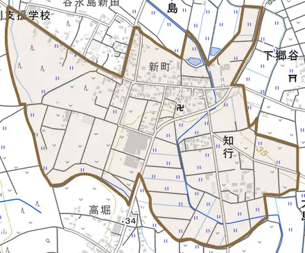 知行とその周辺の地図。町の範囲を重ねている