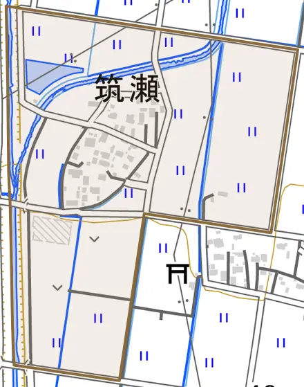 筑瀬とその周辺の地図。町の範囲を重ねている