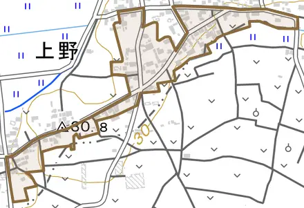 江とその周辺の地図。町の範囲を重ねている