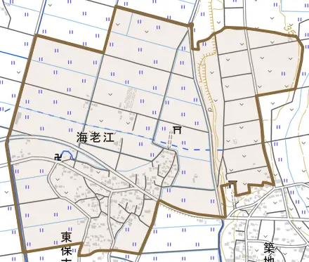 海老江とその周辺の地図。町の範囲を重ねている